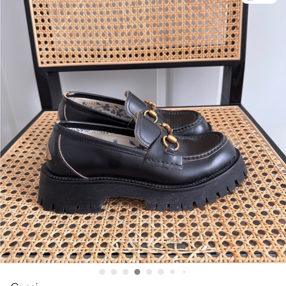 Gucci Black Lug Sole Loafers with Gold Horsebit